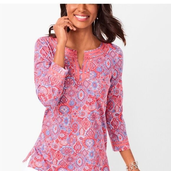 Talbots Pink Paisley Split Neck Pima Cotton Blend 3/4 Sleeve Blouse Women's XLP - Picture 1 of 16
